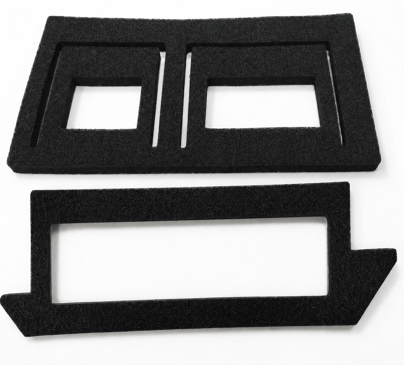Two custom-cut black EPDM foam gasket frames