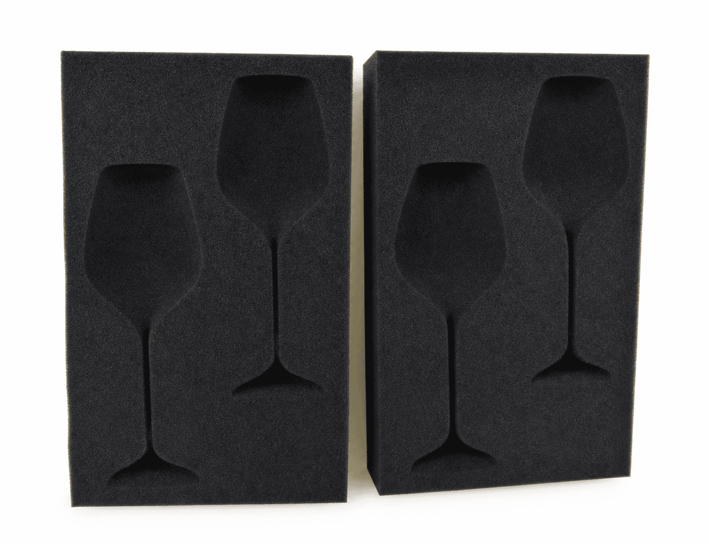 Paired black PU foam inserts shaped for glassware